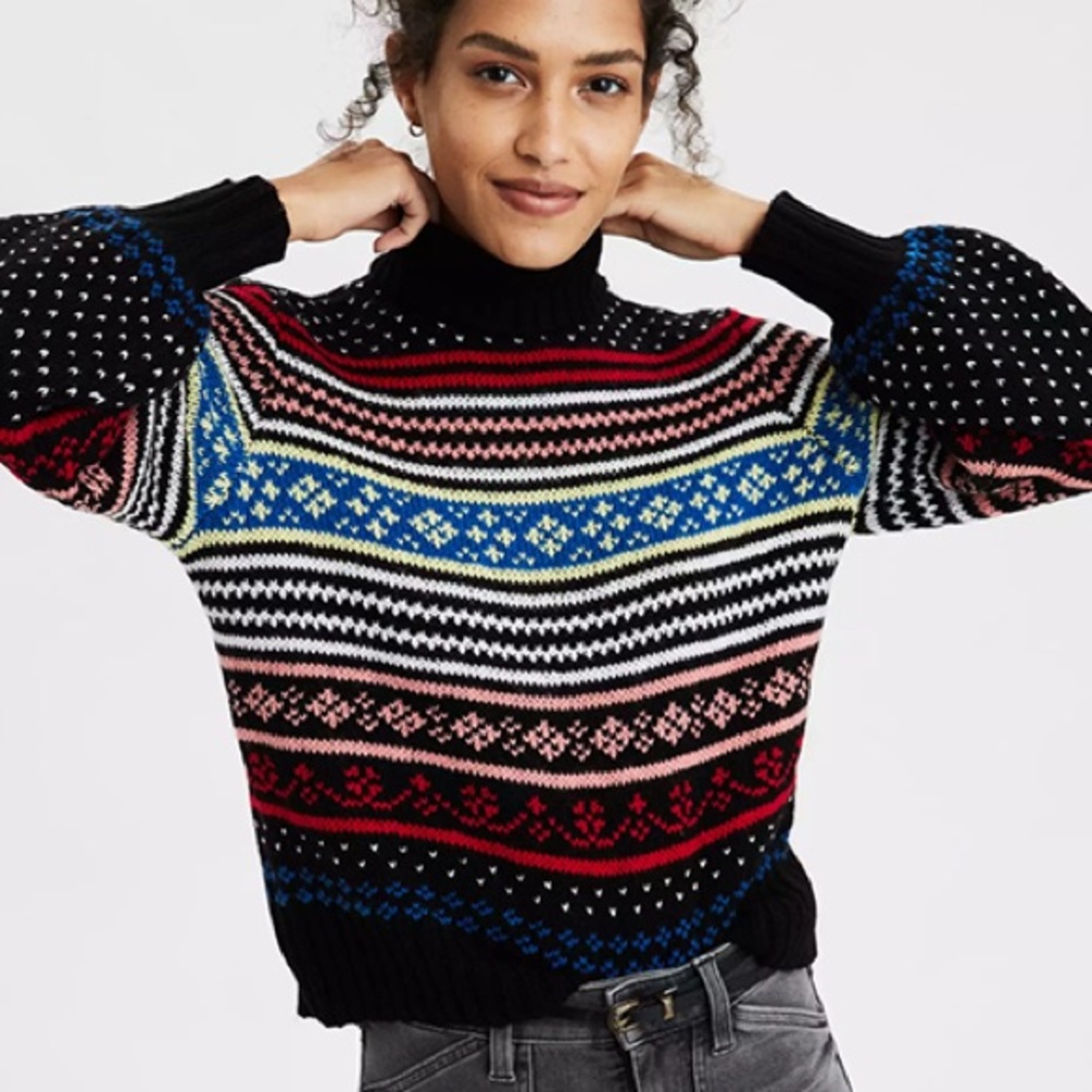 American Eagle Black Pattern Holiday Sweater - image 1